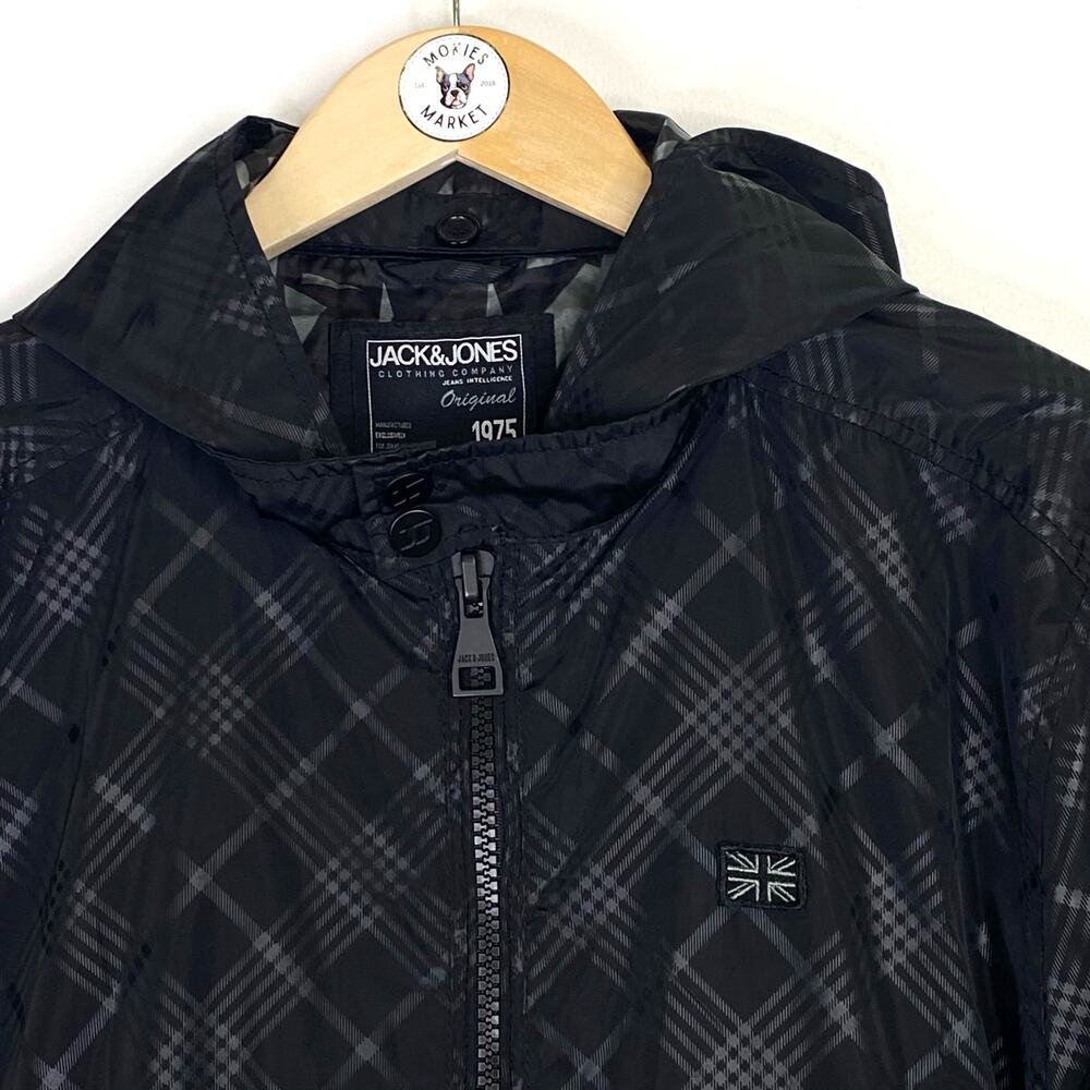 Jack & Jones Hartford Bomber Jacket Mens Sz XXL Black Plaid Hooded Motorcycle - Picture 2 of 15